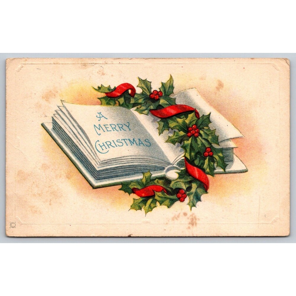 Antique Postcard Merry Christmas Holly Embossed Posted c1920s Maryland Stamp USA